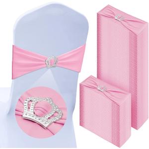 VitalCozy 100 Pcs Spandex Chair Sashes with Crown Buckle Slider Stretch Chair Bands Cover Ties for Wedding, Banquet, Gala, Corporate Event, Birthday Party, Baby Shower(Pink)