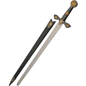 SZCO Knights Templar Sword Replica 33" Medieval Crusader Sword with Scabbard Stainless Steel Blade, Pewter & Gold Handle Decorative Collectible for Display, Cosplay, LARP