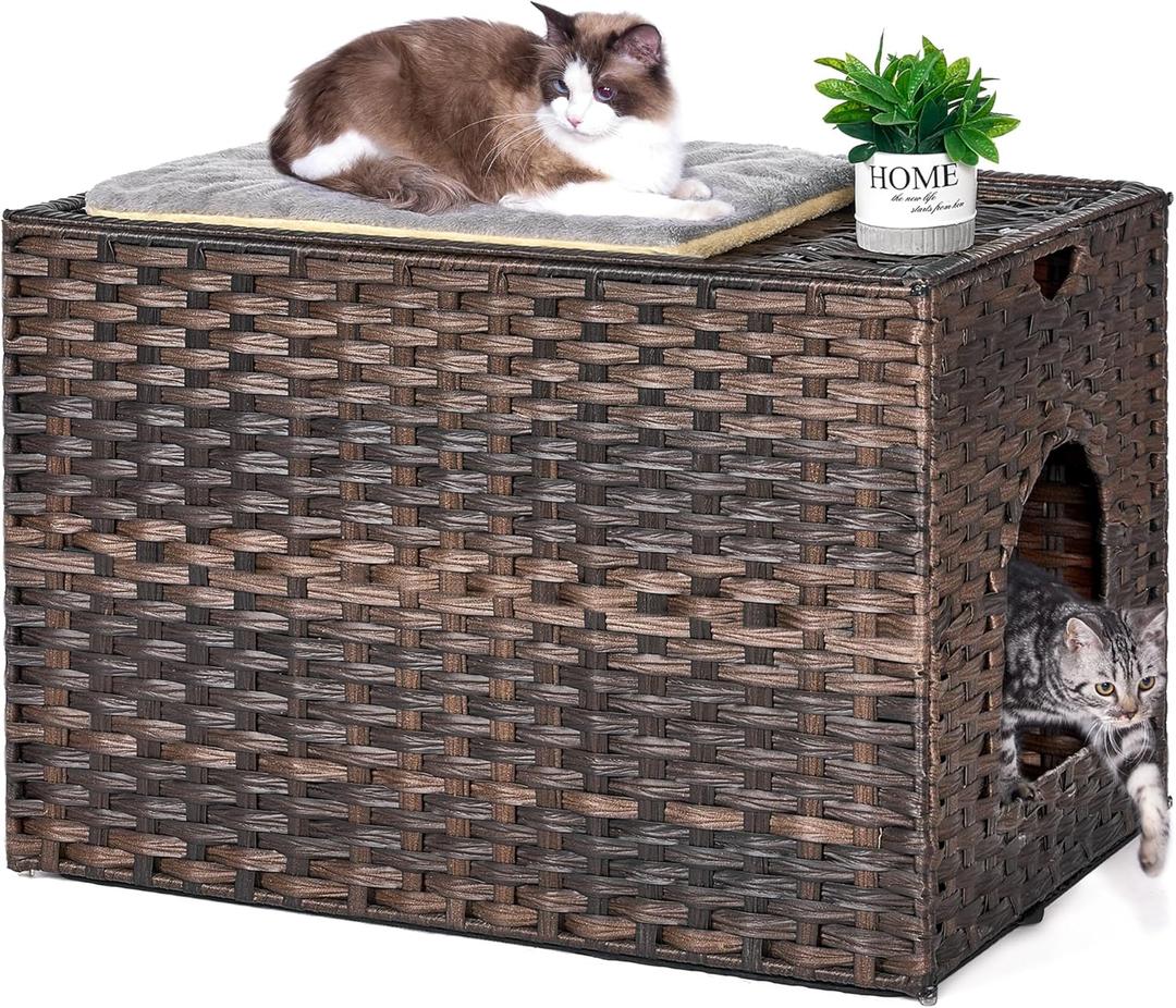 Cat Litter Box Enclosure with Litter Trapping Mat; Handwoven Plastic Rattan Cat House; No Installation Hidden Cat Washroom; Pet Crate for Balcony,Bedroom,Living Room (30.3'' L x 18.2'' W x 20.5'' H, Brown)