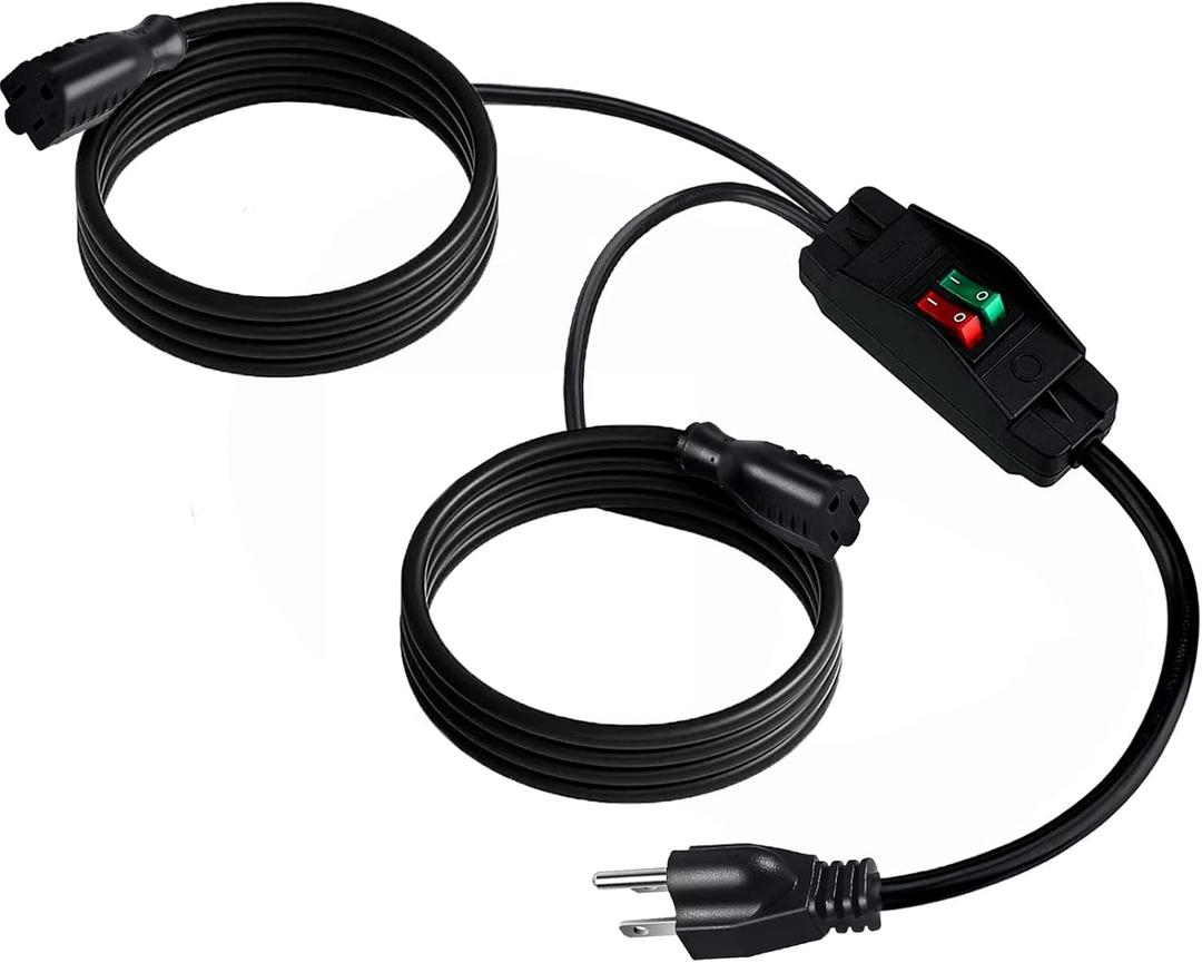2 Way Extension Cord with On/Off Switch 3 Prong Outdoor Extension Cord Splitter, Heavy Duty SJTW 14AWG 15A/125V and 18AWG 10A/125V(6 Ft, Black)
