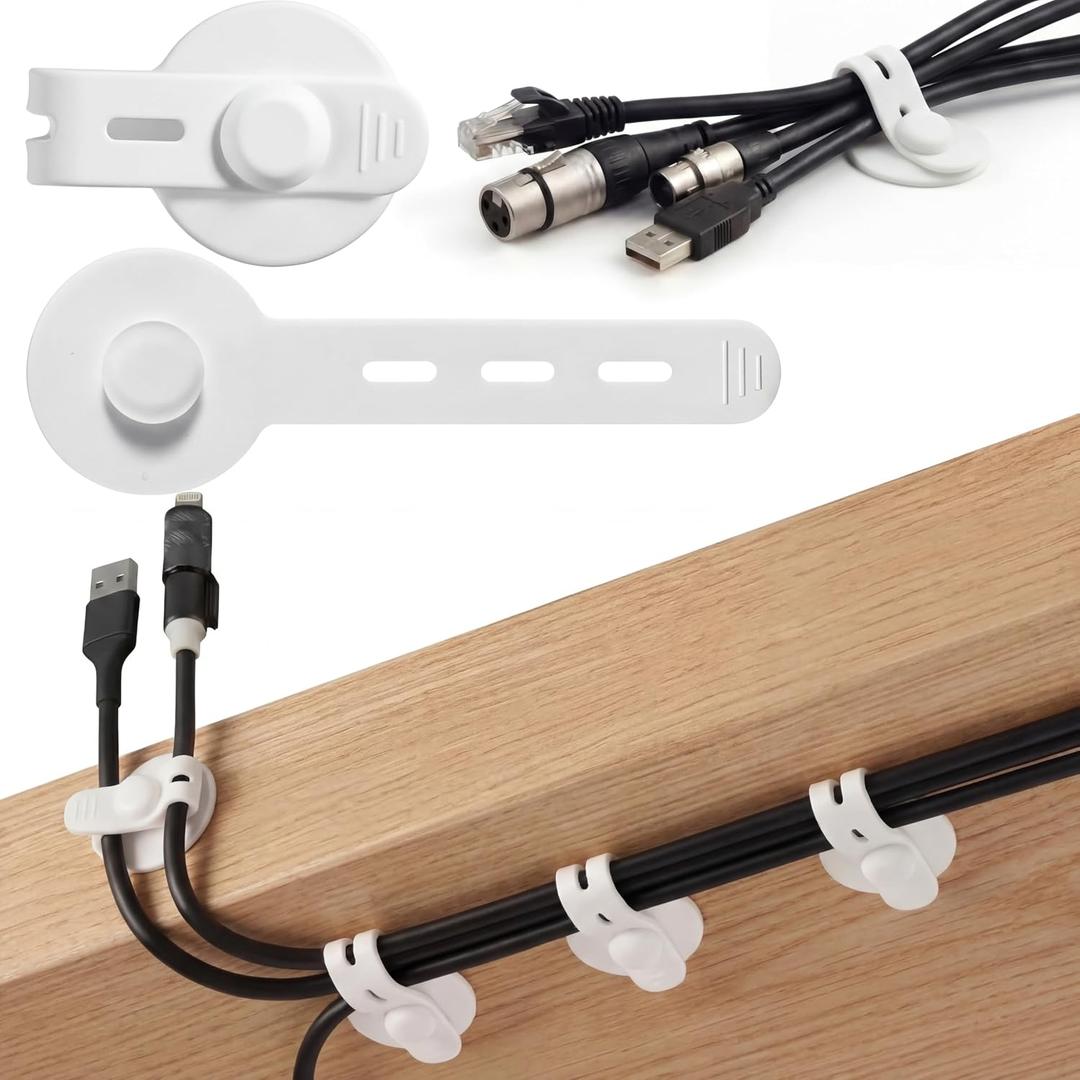 Sliner 20 Pcs Silicone Cable Straps Wire Organizer Adhesive Wire Clips Under Desk Cable Management Sticky-back Cord Organizer for Phone Charger TV PC Laptop Ethernet Desktop(White)