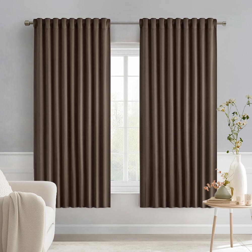 MIULEE Chocolate Brown Back Tab Blackout Curtains 63 Inch Length 2 Panels Set for Living Room Bedroom Privacy, Rod Pocket/Pinch Pleat Thermal Insulated Room Darkening Pleated Light Blocking Drapes