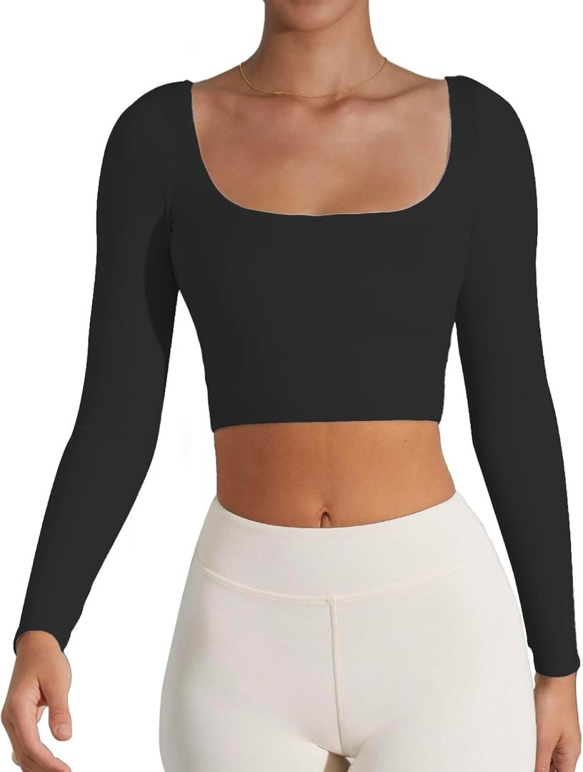 Women's Basic Long Sleeve Square Neck Crop Top Double Lined Slim Fit T-Shirt (Black) Small