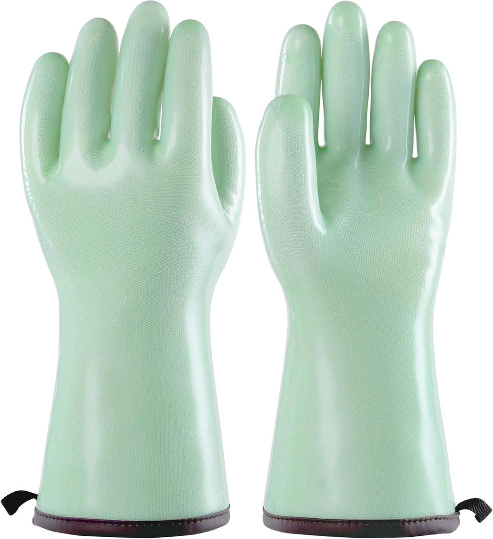 PACIFIC PPE Heat Resistant Oven Gloves, Food Grade Safety Gloves with Thickened Waterproof Silicone Coating for Cooking, Grilling, Baking, Smoker, Green, XL/10