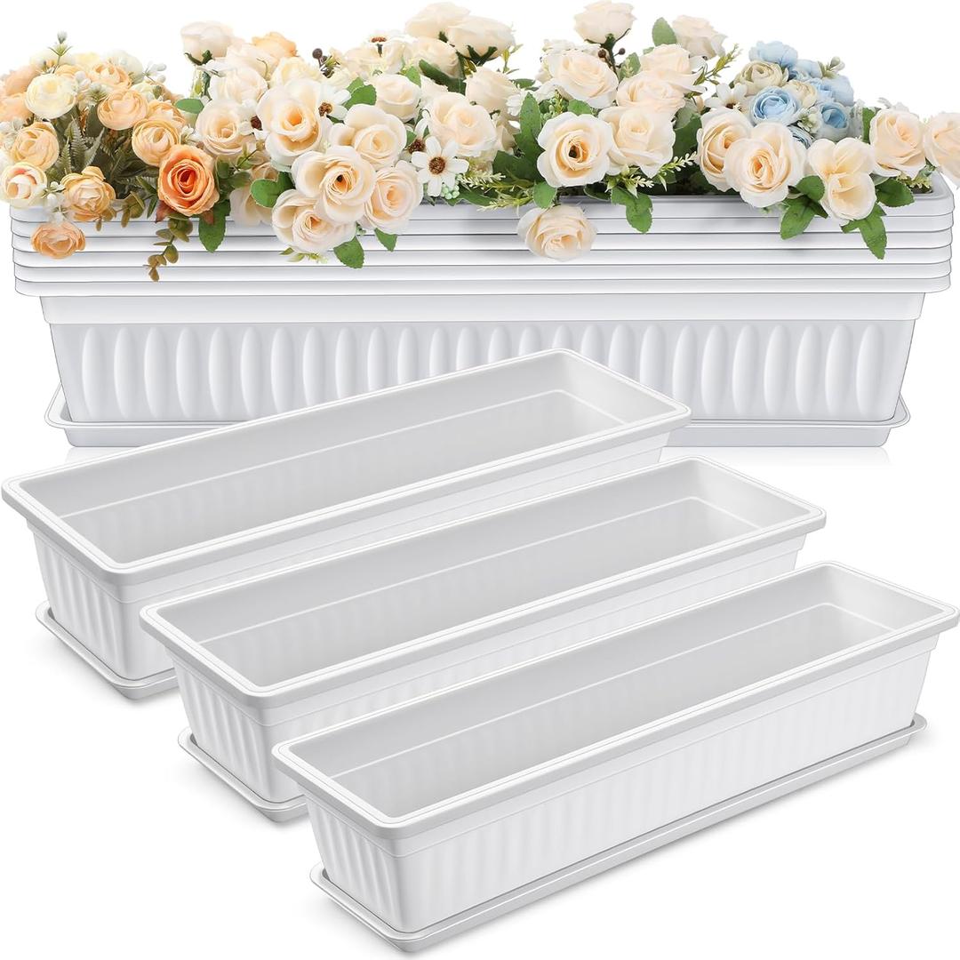 6 Packs 27 Inch Window Flower Box Extra Large Window Sill Herb Garden Long Rectangle Planter Plastic Boxes Outdoor with Drainage Trays for Balcony Windowsill Patio Garden