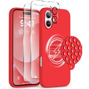 Magnetic for iPhone 16 Case, Compatible with Magsafe, Suction Cup Phone Mount, [2 Screen Protectors][Camera Lens Protector] Silicone Shockproof Protective Slim Phone Cover 6.1", Red