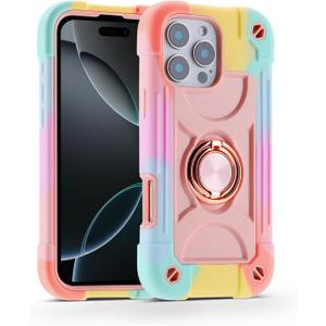MARKILL Compatible with iPhone 16 Pro Max Case 6.9 Inch with Ring Stand, Heavy-Duty Military Grade Shockproof Phone Kids Cover for iPhone 16 Pro Max (Rainbow Pink)