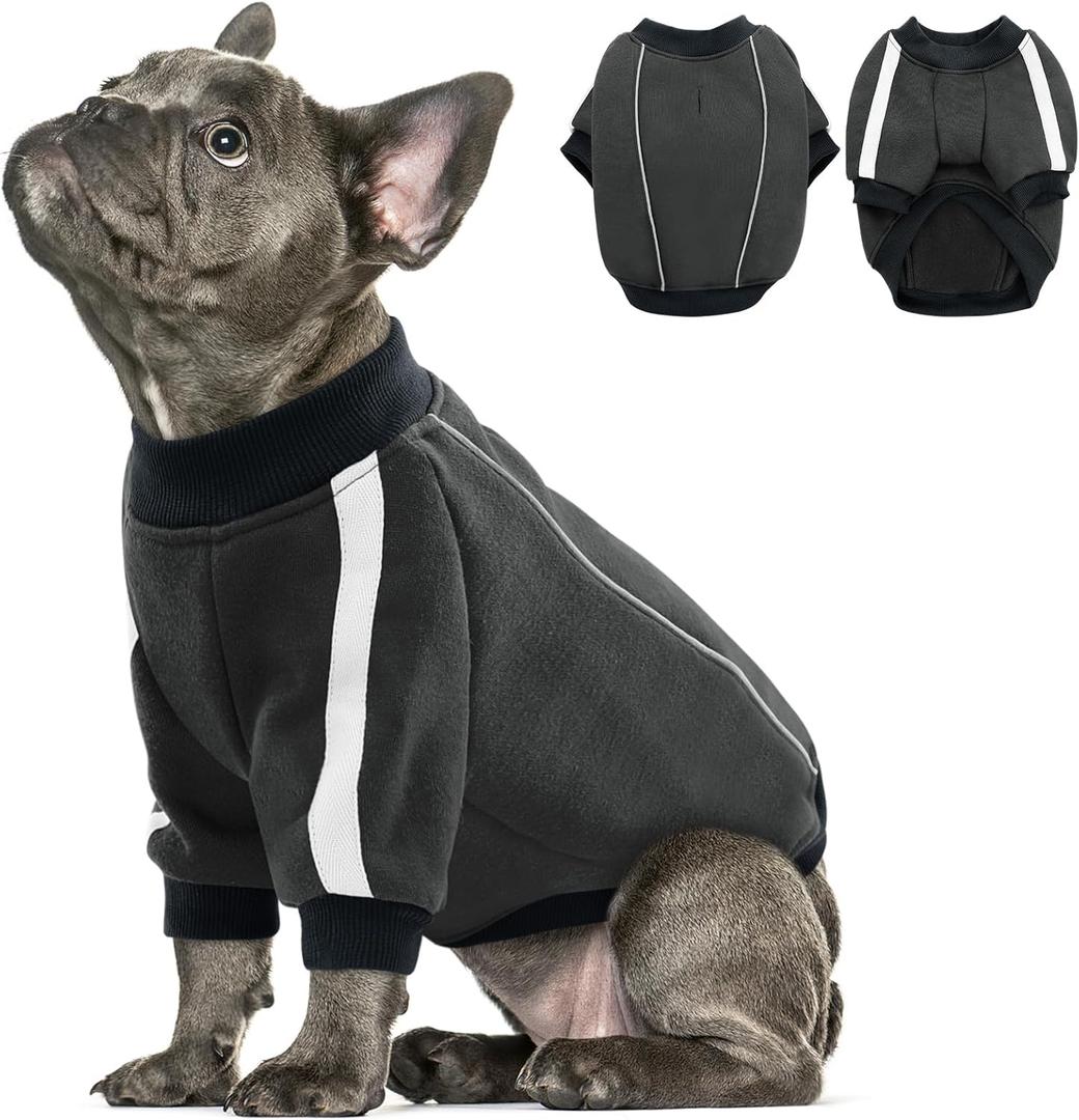 Queenmore Fleece Dog Sweater for Male Dogs, Soft Pullover Dog Sweatshirt with Leash Hole/Reflective Stripes Cozy Winter Fleece Jacket for Small Medium Large Boy Puppy, Grey, Small