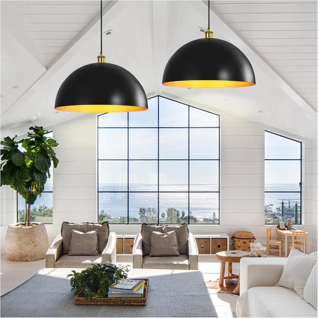 Black-Farmhouse Pendant-Light Hanging-Lamp Fixtures - 16 inch Kitchen Island Pendant Lights Industrial Dome Ceiling Lighting Dining Room Large Vintage Light for Indoor Black and Gold