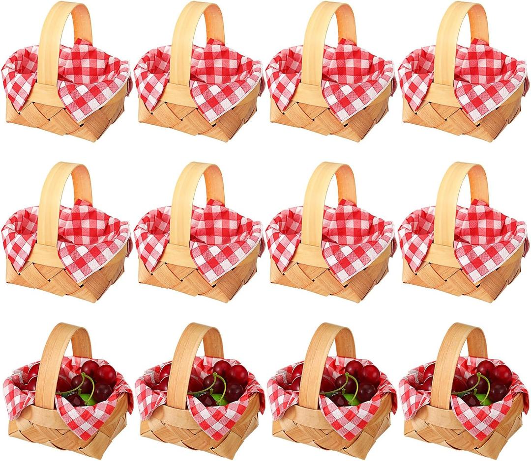 Geelin 12 Pcs Mini Woven Basket with Handle and Red White Gingham Paper Napkins Wood Chip Mini Flower Fruit Picnic Basket Chip for Easter Spring Wedding Party Gift Decoration (Medium)