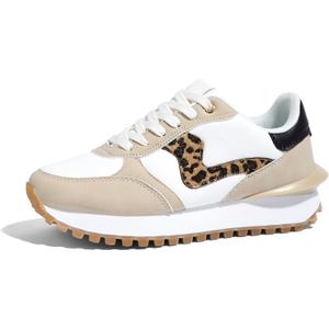 LUCKY STEP Women's Platform Fashion Sneakers Tennis Retro Walking Casual Trainers Stylish Durable Deluxe Skate Running Shoes(Beige/ Leopard, 8)