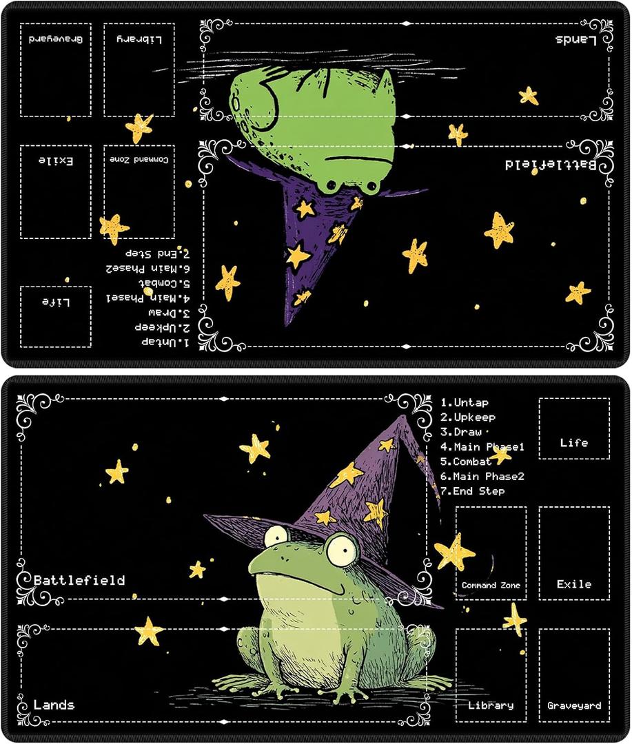 Playmat for MTG with Zones (2 Pack), Card Game Mat Non-Slip Rubber Base and Stitched, 24 x 14 inch TCG Play Mat for MTG and Other Card Games, Cute Magic Frog