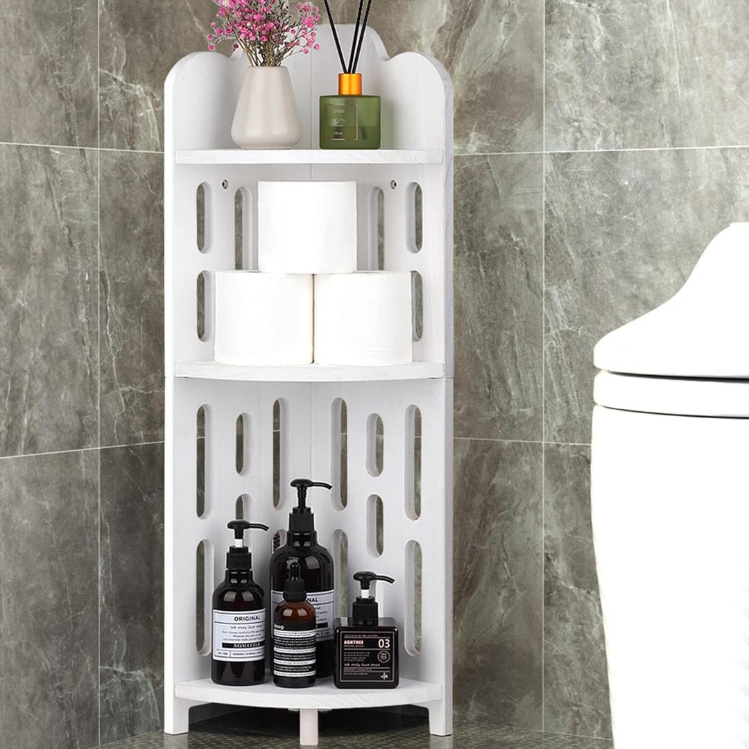 Meangood Bathroom Corner Shelf Stand, 3 Tier Solid Wood Display Shelf for Narrow Space, Shower Corner Shelf, Plant Stand Nightstand, for Living Room, Bedroom, Home Office, Elegant White