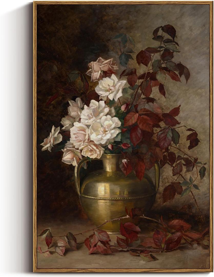 VIYYIEA Vintage Floral Large Framed Wall Art, Rose Bouquet Flower Paintings Decor Aesthetic, 24x36 Inch Canvas Print Artwork, Still Life Retro Wall Pictures for Bedroom Living Room