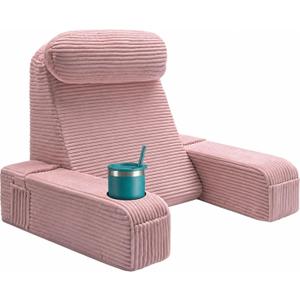 Reading Pillow for Adults, Back Pillow for Bed Sitting Up, Backrest Pillow for Sitting in Bed, Detachable Arms with Built-in Cup & Phone Caddy (Dusty Pink-Corduroy, 21 INCH)