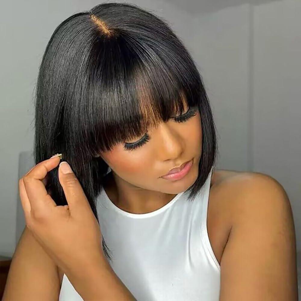 Bob Wig Human Hair With Bangs Glueless 2x4 HD Lace Colsure Wigs, Ready to Go Short Wigs For Women Beginner Friendly (Natural Black, 10 inch)