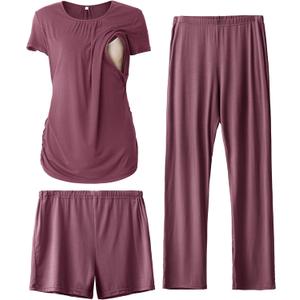 SUNNYBUY Womens Maternity Nursing Pajamas Set, Short Sleeve Breastfeeding ShirtsPregnancy Shorts & Pants 3 Piece Nursing PJS (Red, XL)