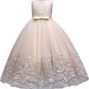 IBTOM CASTLE Flower Girl Pageant Embroidery Lace Tulle Dress for Kids Wedding Bridesmaid Birthday Party Formal Princess Gown (6-7 Years, Champagne)