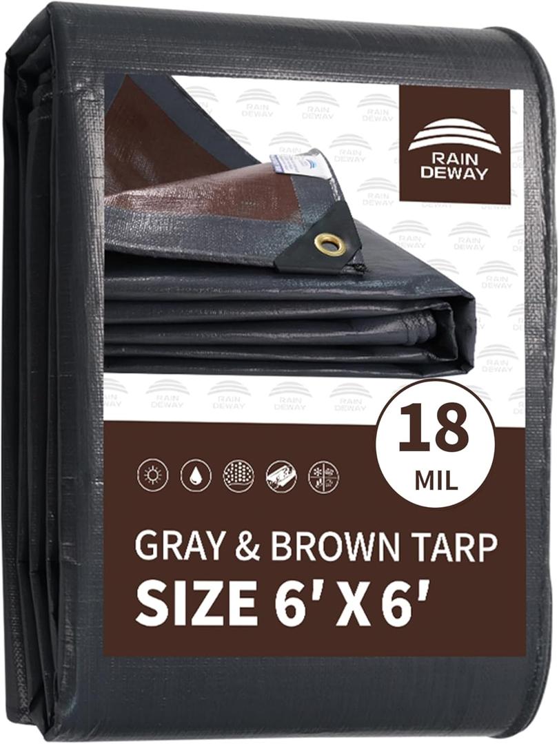 RAINDEWAY 6x6 Feet Super Heavy Duty Tarp 18 Mil, UV Resistant, Weatherproof, Multipurpose Waterproof Poly Tarp with Grommets and Reinforced Edges, Brown/Gray Tarps