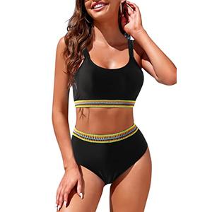 Adisputent Womens High Waisted Bikini Sets Sporty Crop Top Color Block Swimwear Bandeau Scoop Neck Vintage Two Piece Bathing Suits Black Woven M