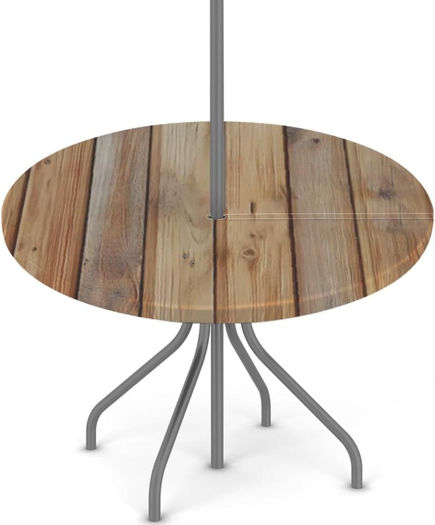 Sandy Brown‌ Wooden Round Outdoor Tablecloths with Umbrella Hole Circle Fitted Tables Cloth with Elastic Tablecloth 36"-44" Waterproof Umbrella Table Cloths Round Elastic Table Cover for Patio