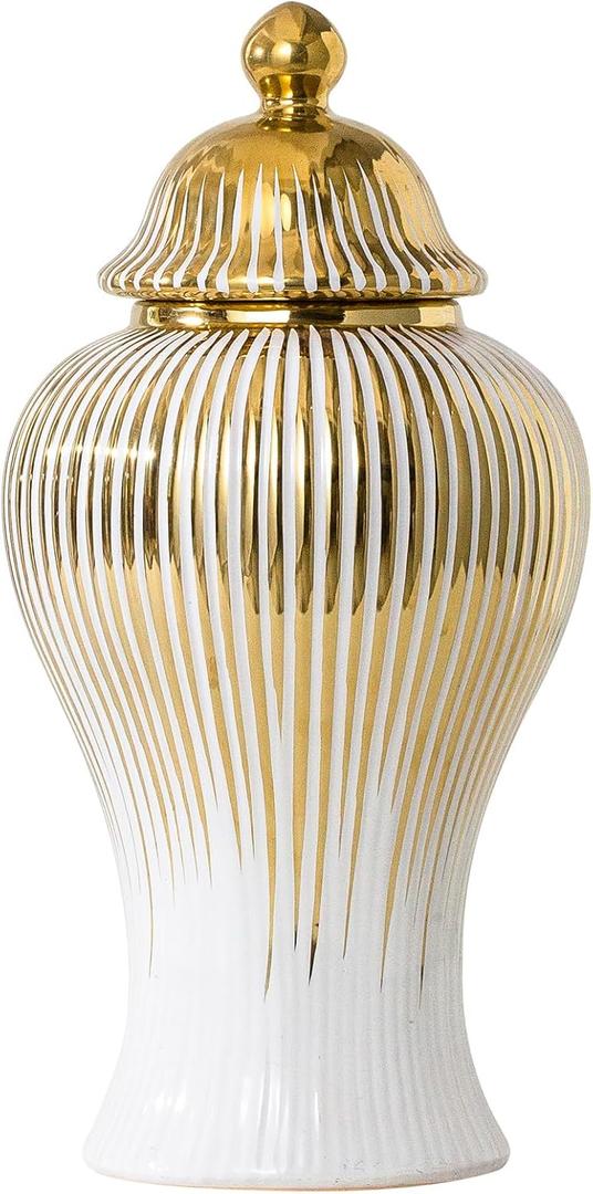 Ginger Jar, Decorative Porcelain Ginger jar with lid, White Gold Ceramic Vase for Decor Decor, Kitchen, Bookshelf Decor, Storage jar, Table Center Vase(9in)