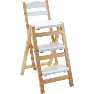 Wooden Folding Step Stool Chair, Solid Pine Wood 3-Step Ladder Stool with Seat, Multi-Purpose Step Chair for Kitchen, Home, Pantry or Bar Use(White)