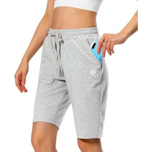 Women's Bermuda Shorts Long Cotton Sweat Knit Shorts Pull On Walking Lounge Shorts with Pocket (Light Grey, XL)