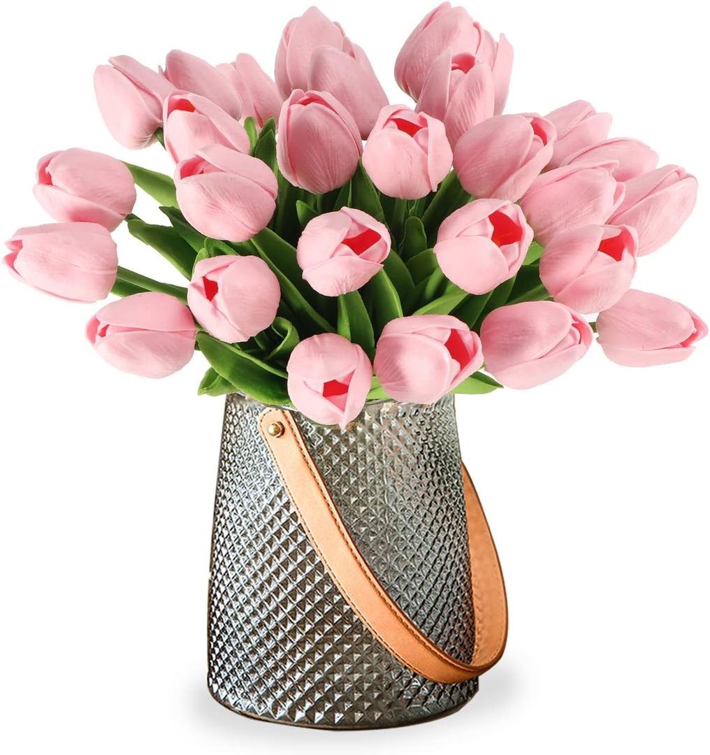 WeTop 30pcs Real Touch Tulips PU Artificial Flowers, Fake Tulips Flowers for Arrangement Wedding Party Easter Spring Home Dining Room Office Decoration. (Baby Pink, 14" Tall)
