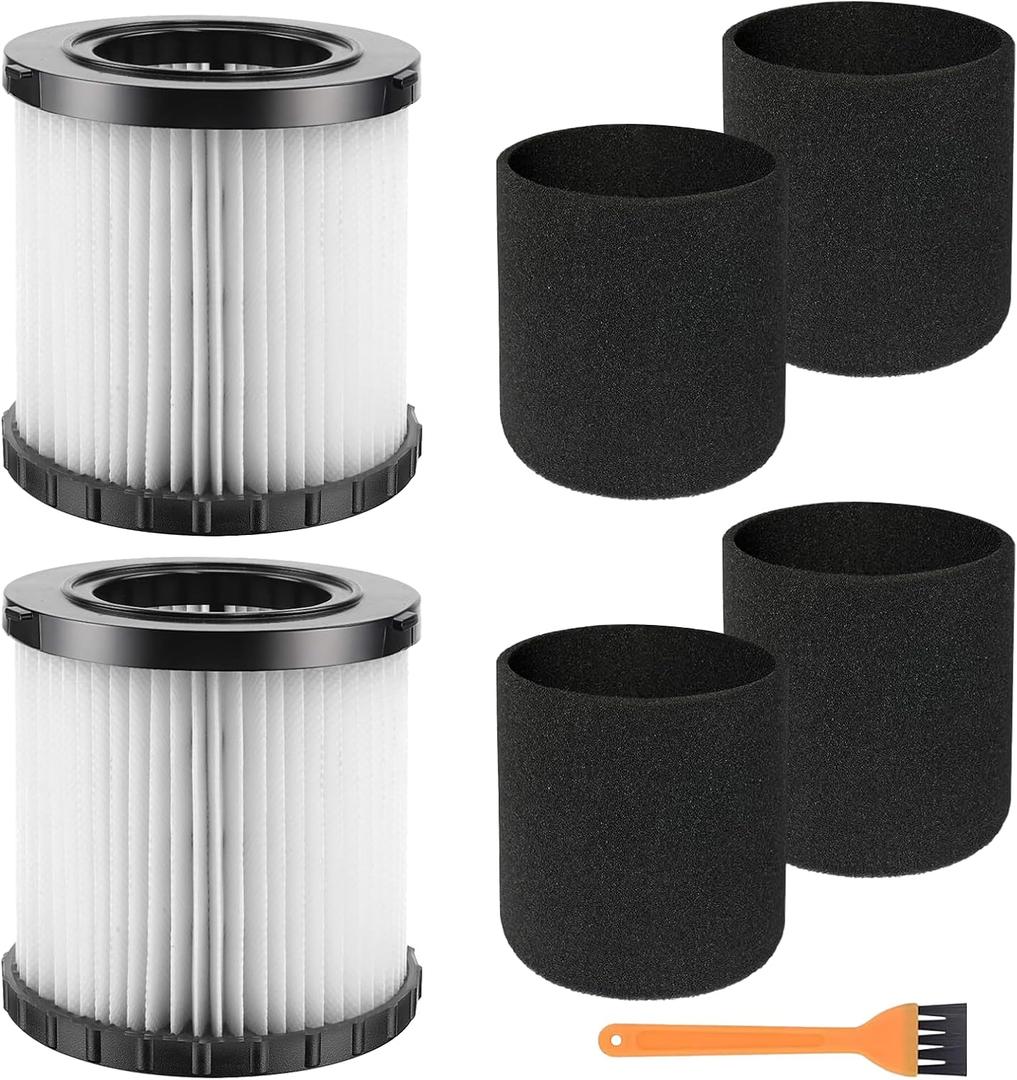 2 Packs of DCV5801H Wet or Dry Vacuum Replacement Filter, 4 Foam Sleeve Filters and 1 Brush, Suitable for dowalt DCV580 and DCV581H, Washable and Reusable