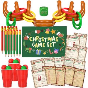 154 Pcs Christmas Games Set Fun Xmas Families Trivia Games Cards Inflatable Reindeer Antler Dice Ring Toss Pencils for Stocking Stuffers Gifts Holiday Birthday Party Activities Favors(Rustic)