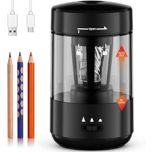 Electric Pencil Sharpener for Classroom, Fully Automatic Pencil Sharpener for 6-8mm Pencils & Colored Pencils, Auto in & Out, Type-C Rechargeable Pencil Sharpeners, Dark Black