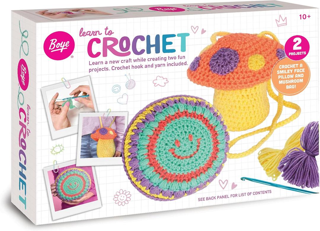 Boye 43-40236 Mushroom Bag and Smiley Face Pillow Learn to Crochet Kit for Beginners with 2 Projects, Multicolor, 12 Pieces