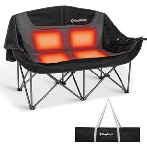 KingCamp Heated Double Camping Chair, Oversized 880lbs Heavy Duty Loveseat for Adults Portable Folding XL 2 Person Couch Padded Comfortable with 3 Heat Levels for Outdoor Sports Lawn, Black/Grey