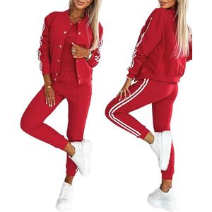 CHICME Women's Three Piece Outfits Striped Tape Patch Tank Tops Bomber Jacket with Sporty Pants Tracksuit Lounge Sets