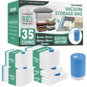 Cozy Essential 35 Pack Vacuum Storage Bags with Portable Rechargeable Wireless Portable Electric Pump, Vacuum Seal Space Saver Bags for Clothing, Pillows, Blanket, Bedding, Comforters