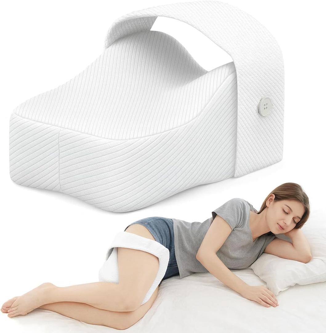 Knee Pillow for Side Sleepers with Adjustable Strap  Memory Foam Leg Cushion, Comfortable Sleeping Support for Sciatica Relief, Back, Hip, Knee & Joint Pain, Spine Alignment (White)