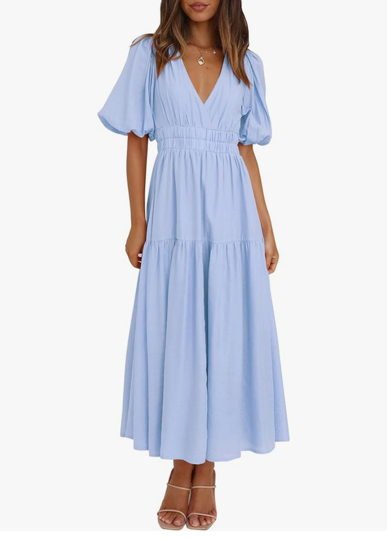 Lucrosun Women's Summer V Neck Short Puff Sleeve A Line Tiered Midi Dress, L