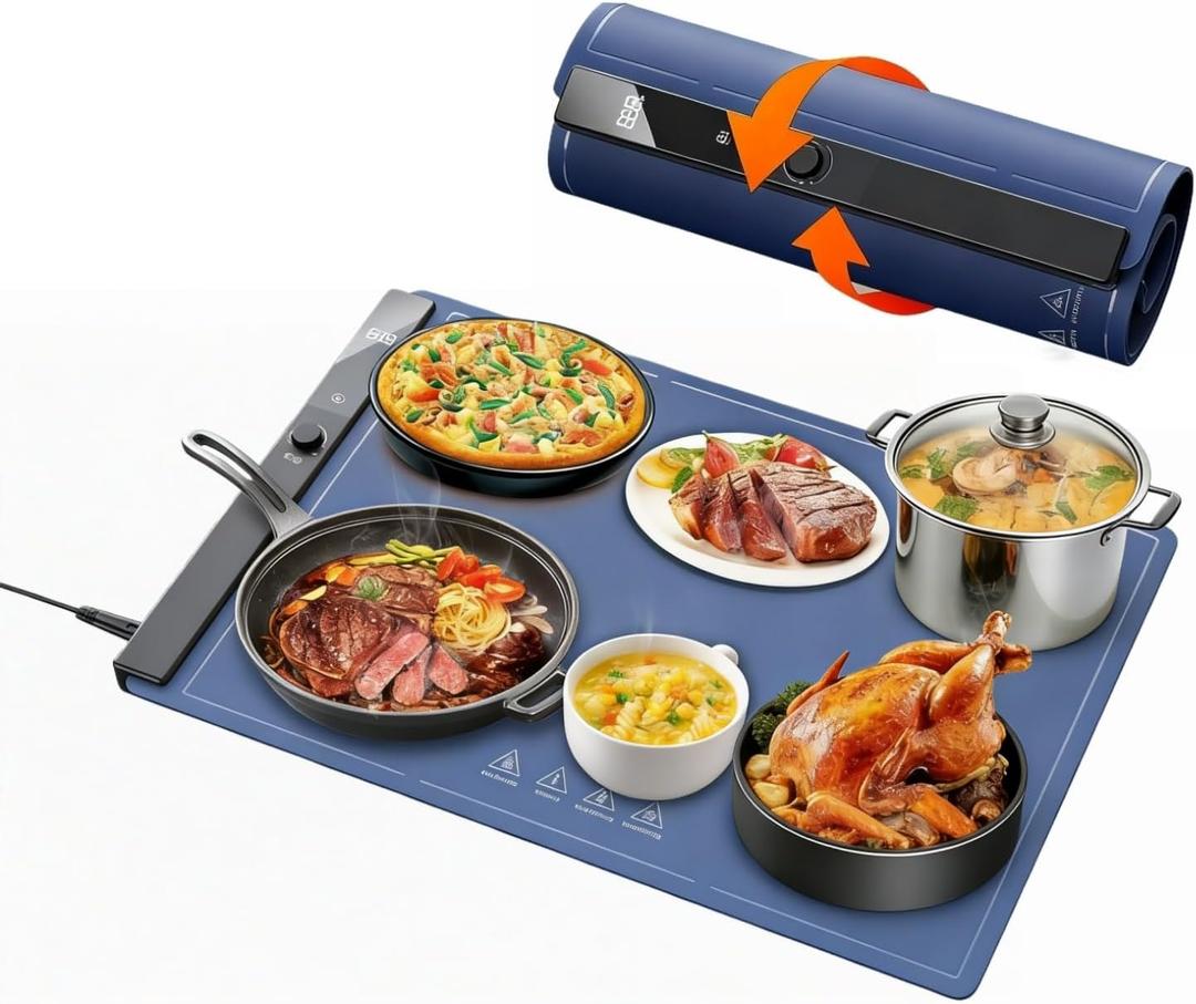 Food Warming Mat 24"x16", Electric Warming Tray with 6 Level Adjustable Temperature, Heating Fastly in 10s, Timed Function & Kids Lock, Portable Roll-Up Mat for Family Gatherings, Buffets and Parties (Blue)