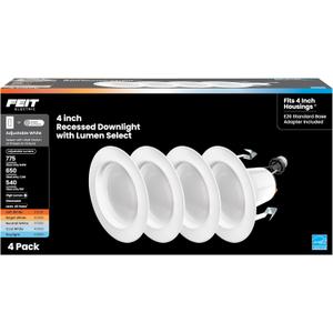 Feit Electric 4" Recessed LED Downlight, 75W Equivalent, Dimmable, Retrofit with E26 Adapter, 5CCT High Output, Light Switch Enabled, Lumen Select, 45-Year Lifetime, LEDR4HO/6WYCA/4, 4 Pack (4 inches, 6Way Adjustable White) Feit Electric 4" Recessed LED Downlight, 75W Equivalent, Dimmable, Retrofit with E26 Adapter, 5CCT High Output, Light Switch Enabled, Lumen Select, 45-Year Lifetime, LEDR4HO/6WYCA/4, 4 Pack (4 inches, 6Way Adjustable White)