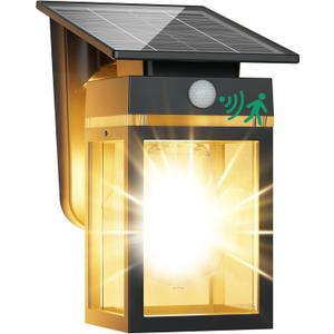 Solar Porch Lights Outdoor, Dusk to Dawn & Motion Sensor Wall Light with Lantern Shape, 3 Modes IP65 Waterproof, E26 Bulb Exterior Sconce for Front Porch, Garage, Patio Security (1PACK, Black Shell-Warm White)