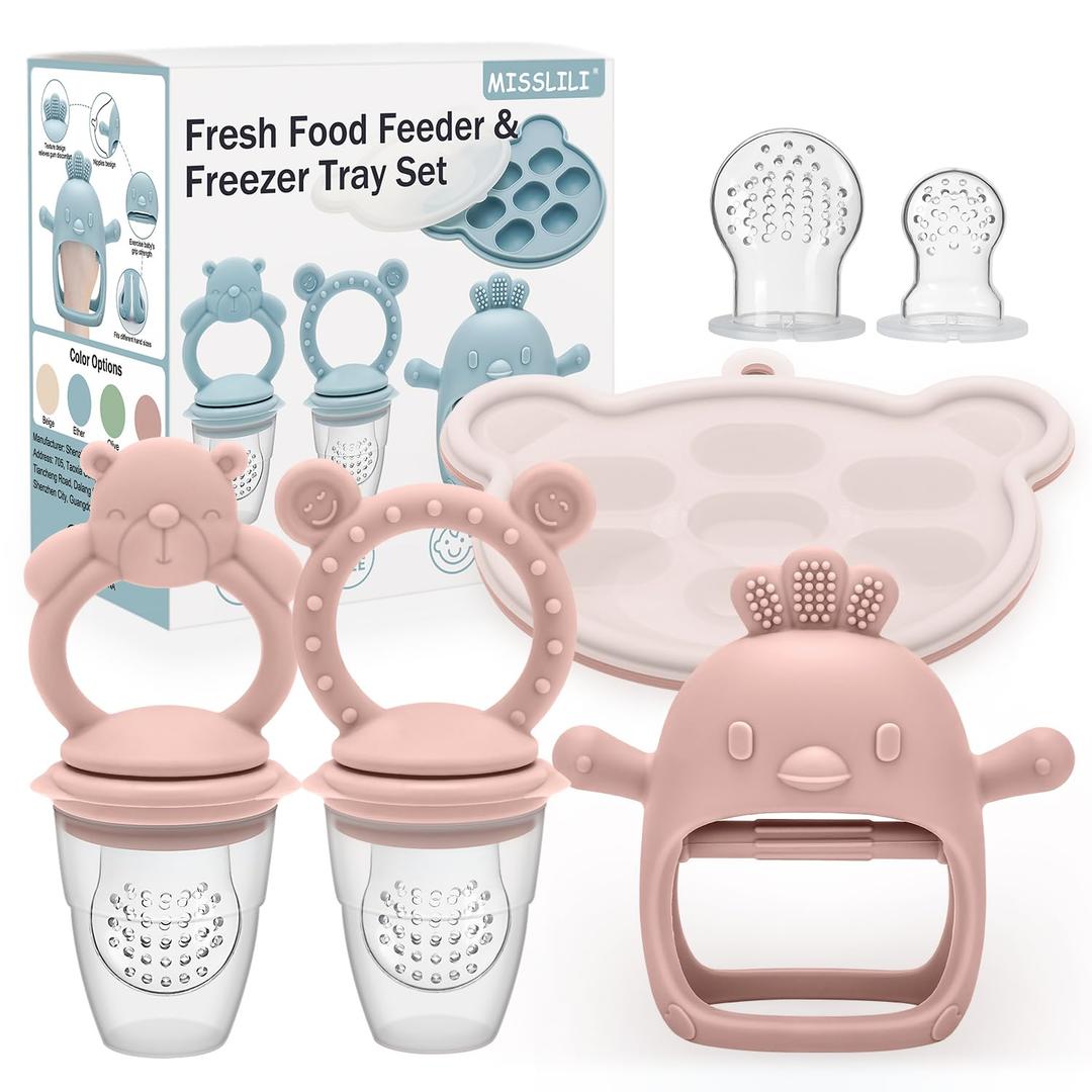 Baby Silicone Fruit Food Feeder Pacifier & Breastmilk Popsicle Freezer Molds,BPA Free Baby Food Storage Containers Frozen Ice Tray for Baby Feeding Safely, Infant Fruit Teething Toy (Pink) (Bear&Smile Pink)