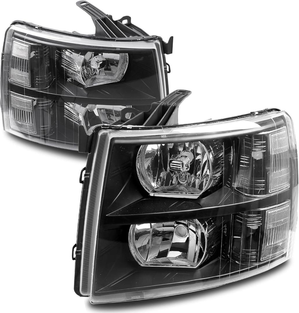 ISHARINGAUTOPARTS Headlight Assembly Compatible with 2007 2008 2009 2010 2011 2012 2013 Chevy Silverado 1500/2007-2014 Silverado 2500HD 3500HD Replacement Headlamp Black Housing Clear Reflector