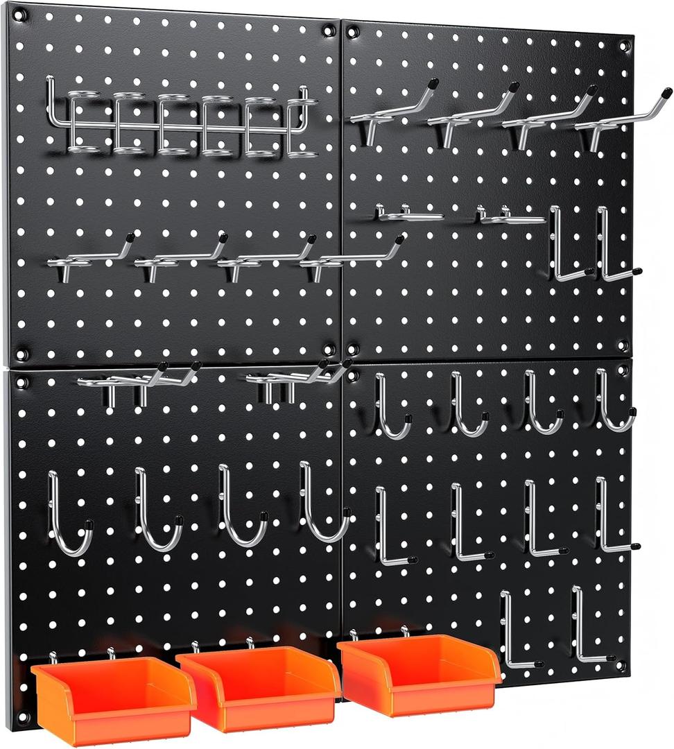 Peg Board, 68PCS Heavy Duty Metal Pegboard with Hooks, 4 Pack Black Peg Board Panels, 50lbs Load Capacity Each, Pegboard Wall Organizer for Garage, Workshop, Craft Rooms Total 24 x 24
