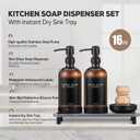 Kitchen Soap Dispenser Set with Instant Dry Tray,16 Oz Hand and Dish Soap Amber Glass Dispenser Set,Stainless Steel Pump,Waterproof Labels&Dish Brush,Luxury Soap Bottle for Kitchen,Bathroom