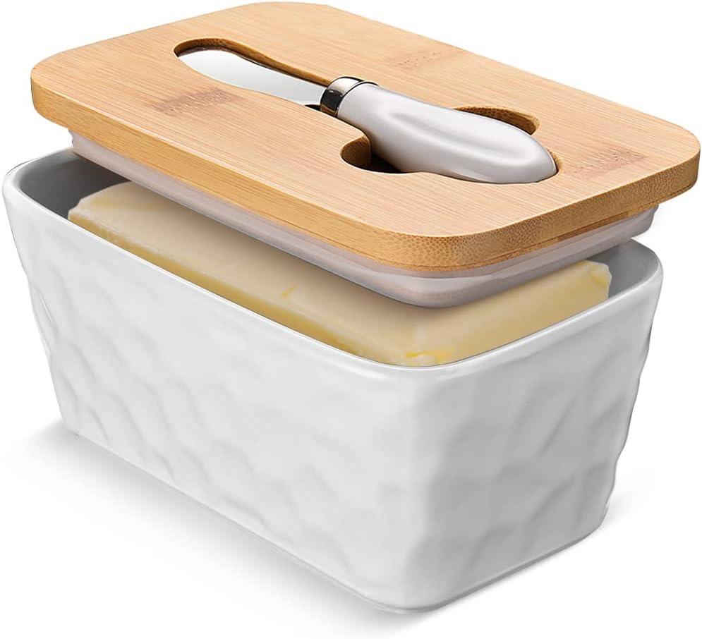 Butter Dish with Lid: Large Butter Dish for Countertop - Ceramic Butter Container with Knife Double Silicone Seal - Unique Stone Butter Dishes with Covers for Farmhouse Kitchen Decor Home Decor White