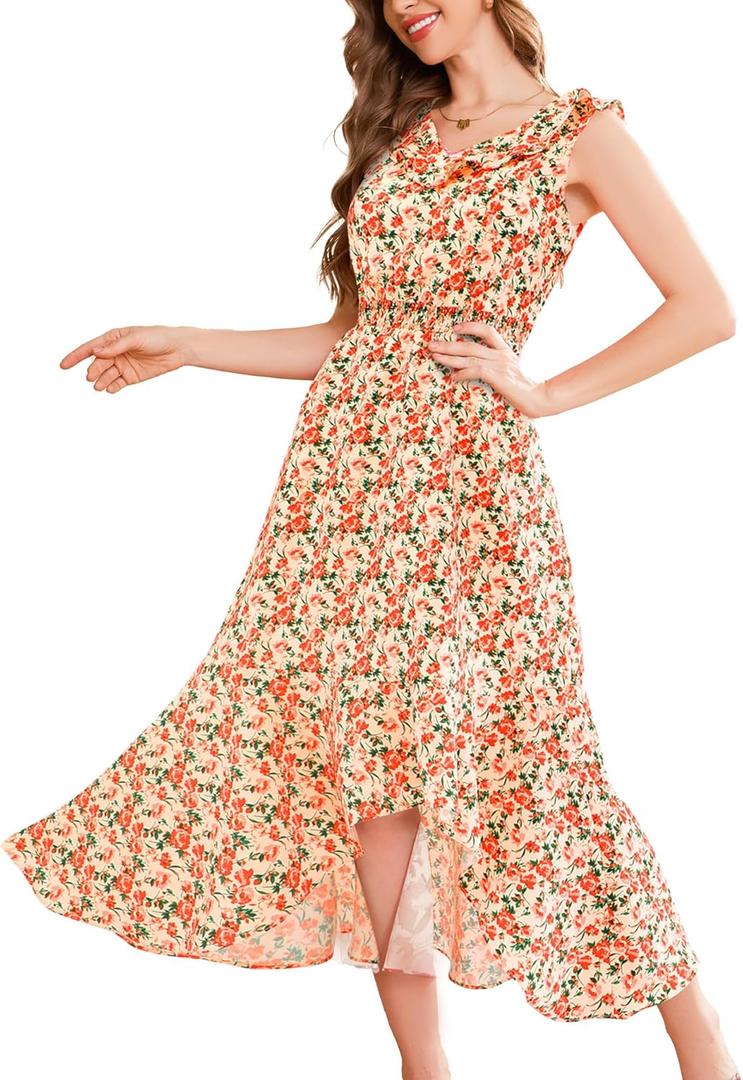 Aupuls Womens High Low Floral Maxi Dress V Neck Spring Ruffle Beach Summer Wedding Guest Dress