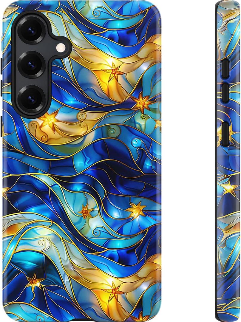 Esdot for Samsung Galaxy S24 Case, Aesthetic Vintage Blue Starry Waves Girly Shell,Compatible with Magsafe,Trendy Unique Cool Retro Western Protective Slim Silicone Phone Cover for Women Girls