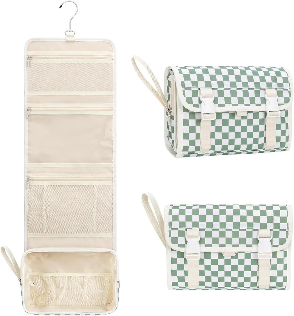 Relavel Travel Hanging Toiletry Bag for Women, Large Capacity Wash Bag with 360 degree Rotation Hanging Hook, Portable Toiletries Makeup Organizer Storage for Daily Use, Trip, Camping - Green Plaid (1 Pack)