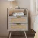 Rattan Nightstand,Farmhouse Bedside Table with 2 Storage Drawer and Open Wood Shelf, for Bedroom and Small Spaces,Night Stand with Solid Wood Legs (Grey Oak)